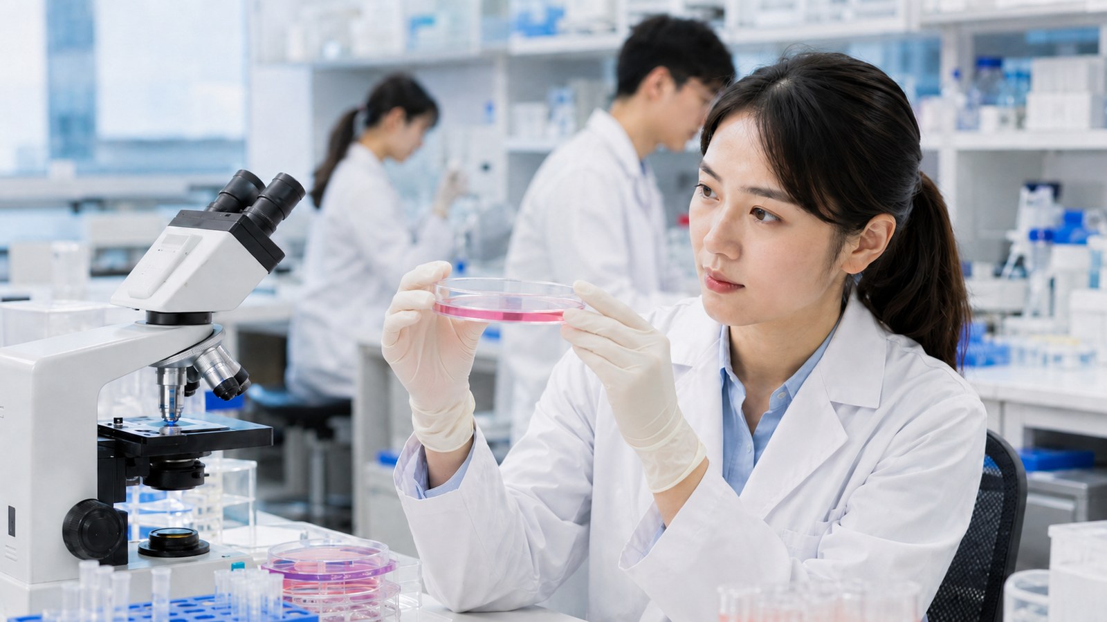 배양 접시를 살펴보는 연구원